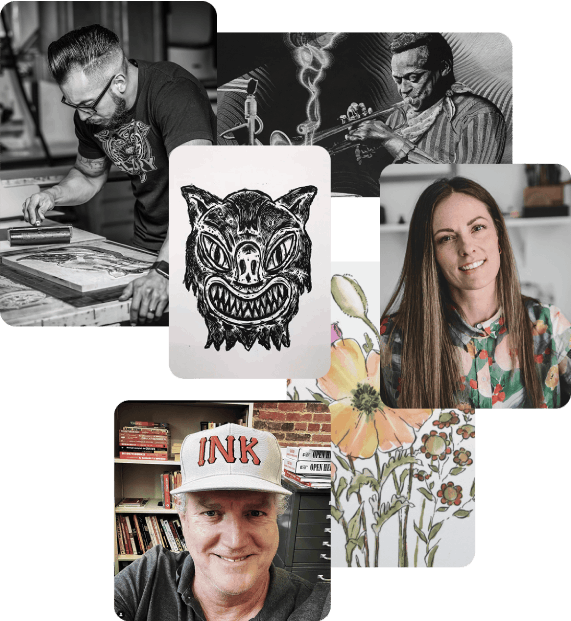 Collage showing artists and their artwork that feature Speedball products.