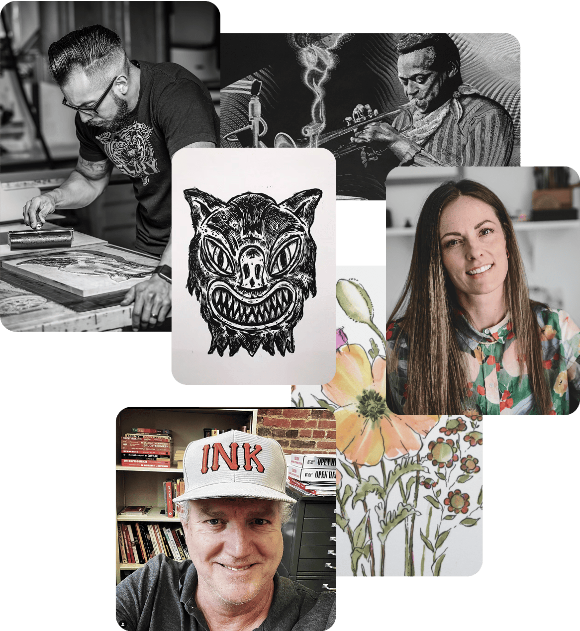 Collage showing artists and their artwork that feature Speedball products.