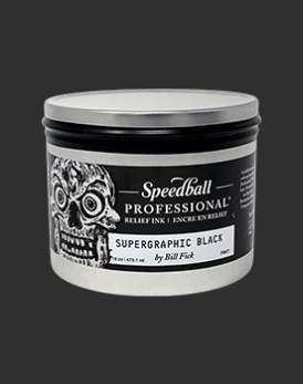 Silver can of relief ink with a skull on the label.