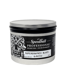 Silver can of relief ink with a skull on the label.