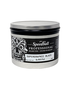 Silver can of relief ink with a skull on the label.