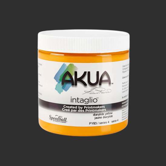 Jar of intaglio printmaking ink that's Diarylide Yellow with a white label and cap.