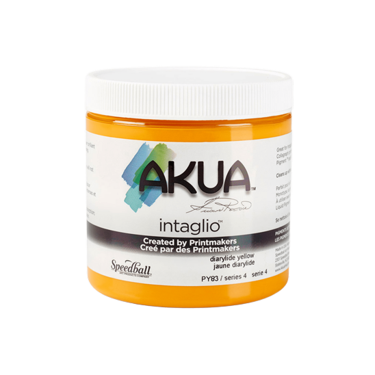 Jar of intaglio printmaking ink that's Diarylide Yellow with a white label and cap.