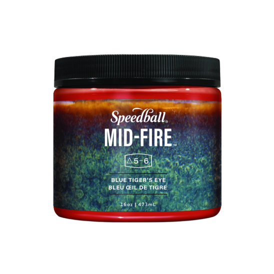 Jar of red glaze with a label that has an image of the glaze fired which is blue and green mottling fading to amber at the top.