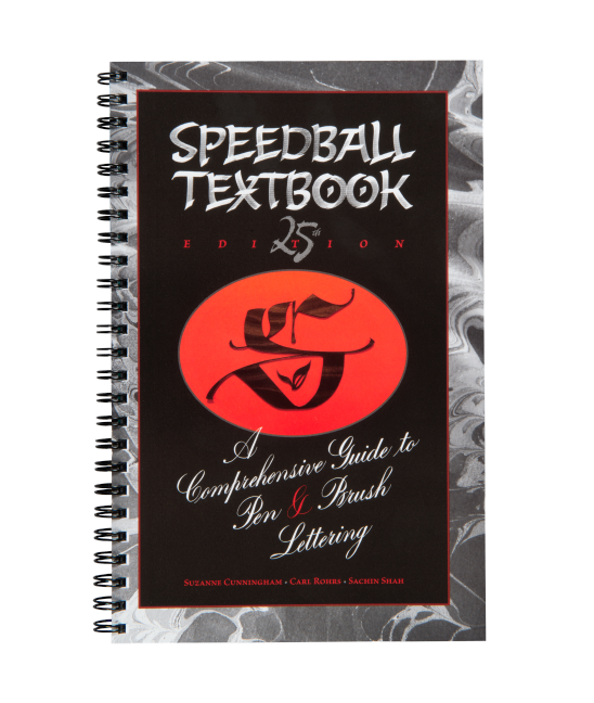 A spiral bound book with calligraphy elements and a gray, black and red design.