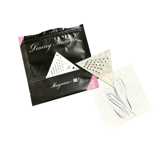 Pink and black open pouch with a lining triangle and a thank you postcard.