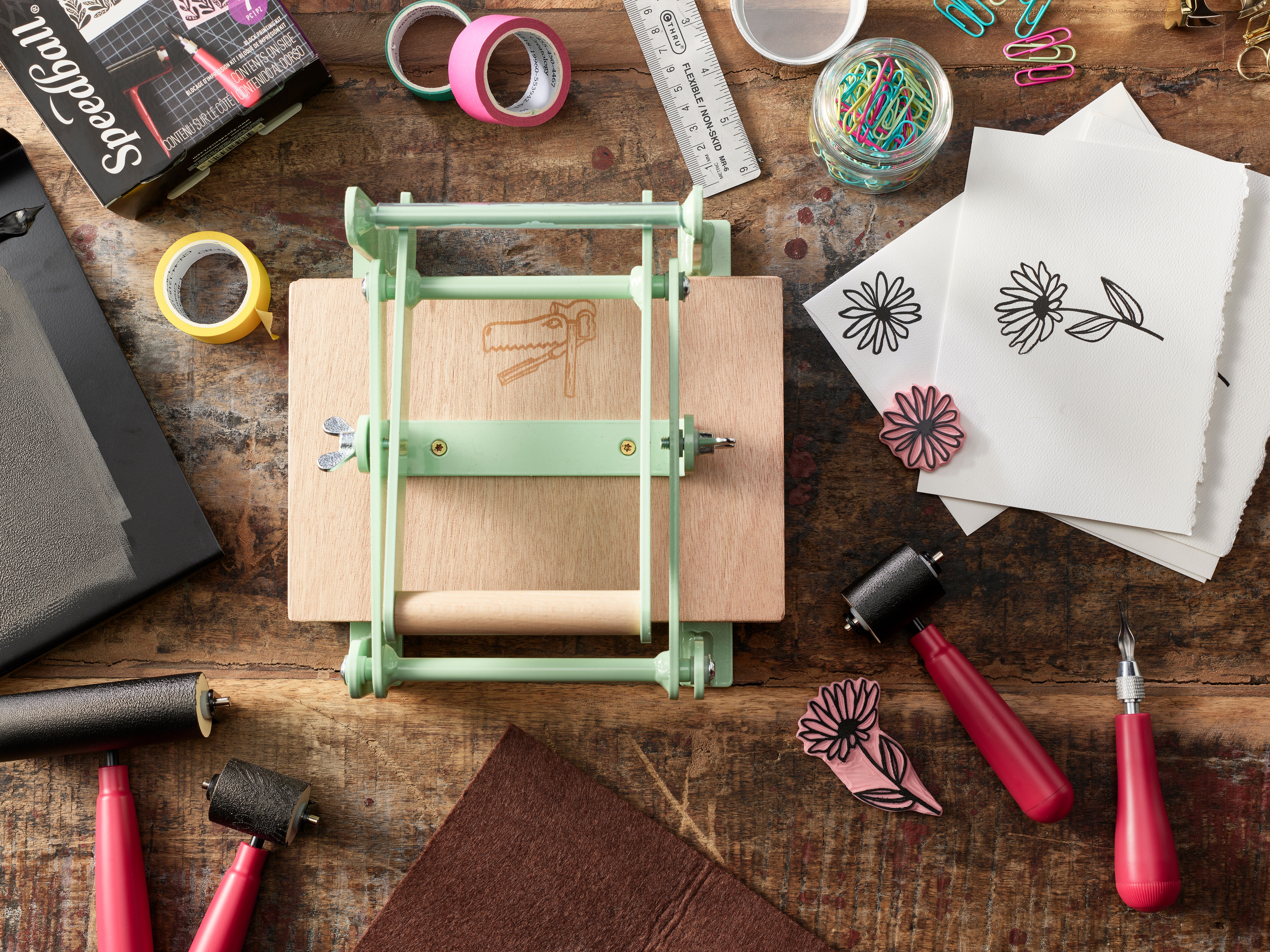 Mint Woodzilla Press with Stationary Props