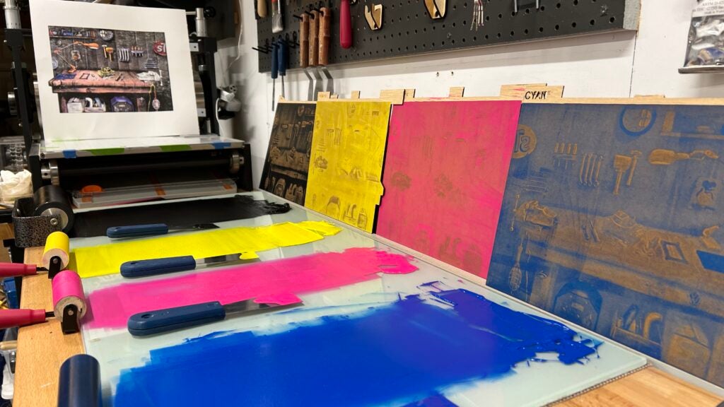 CMYK Laser Cut Woodblock Print with Diode Press Speedball Art