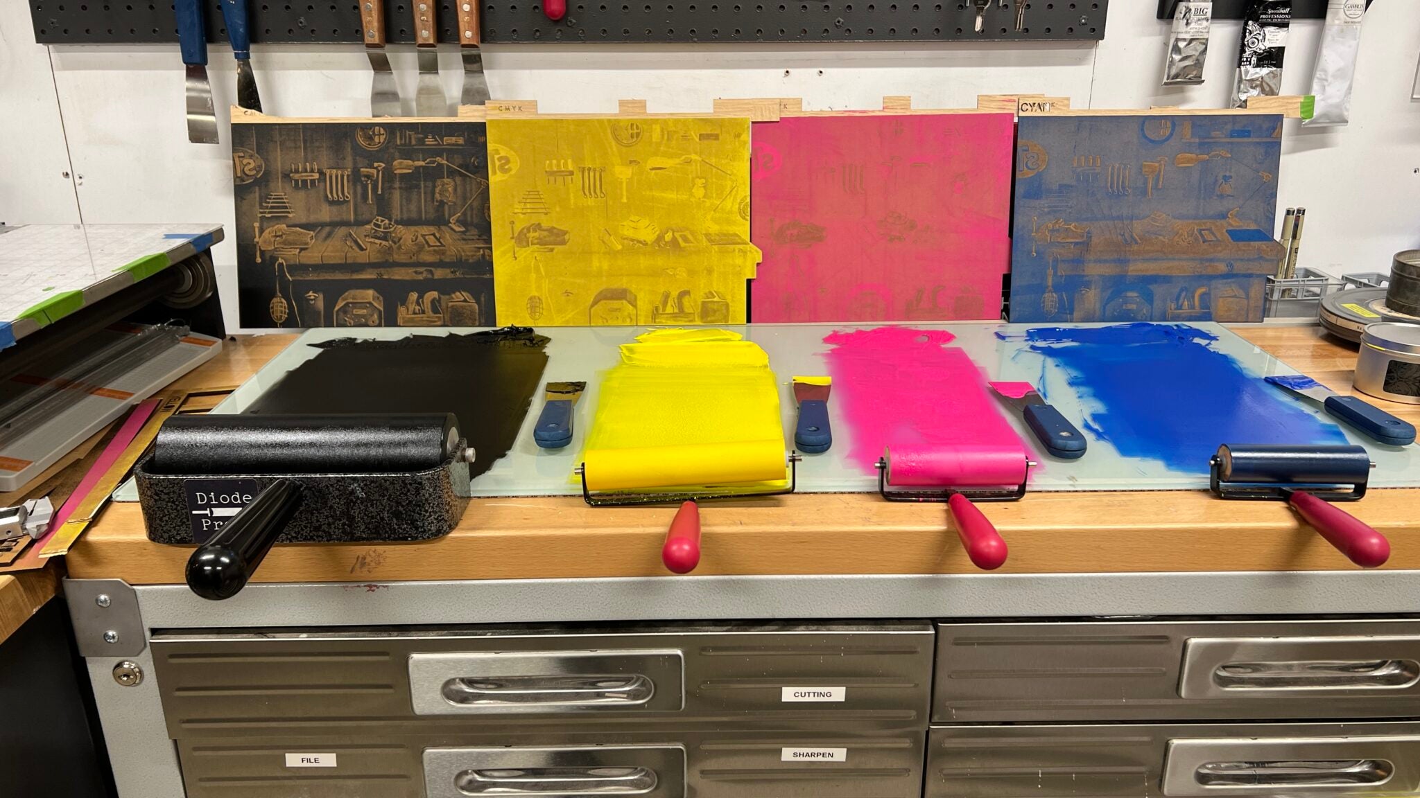 CMYK Laser Cut Woodblock Print with Diode Press Speedball Art